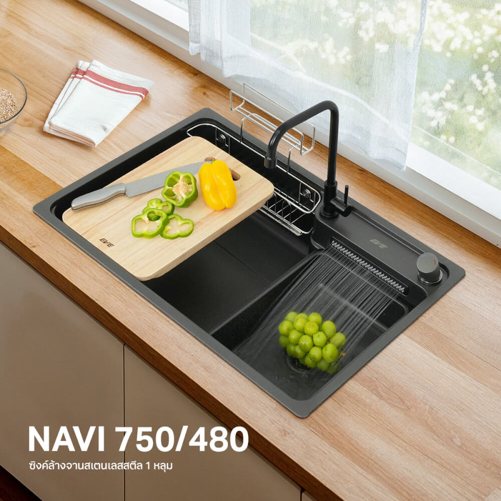 ซิงค์ล้างจานสแตนเลสม่านน้ำตก 1 หลุม EVE NAVI 750/480 ขนาด 75 ซม. สีเทาเข้ม สี VOLCANIC พร้อมอุปกรณ์เสริม